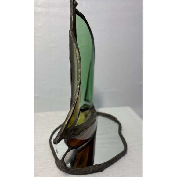 Stained Glass Sailboat Mirrored Base 6" Tall Green Yellow Brown Beach Lakehouse - Picture 3 of 8
